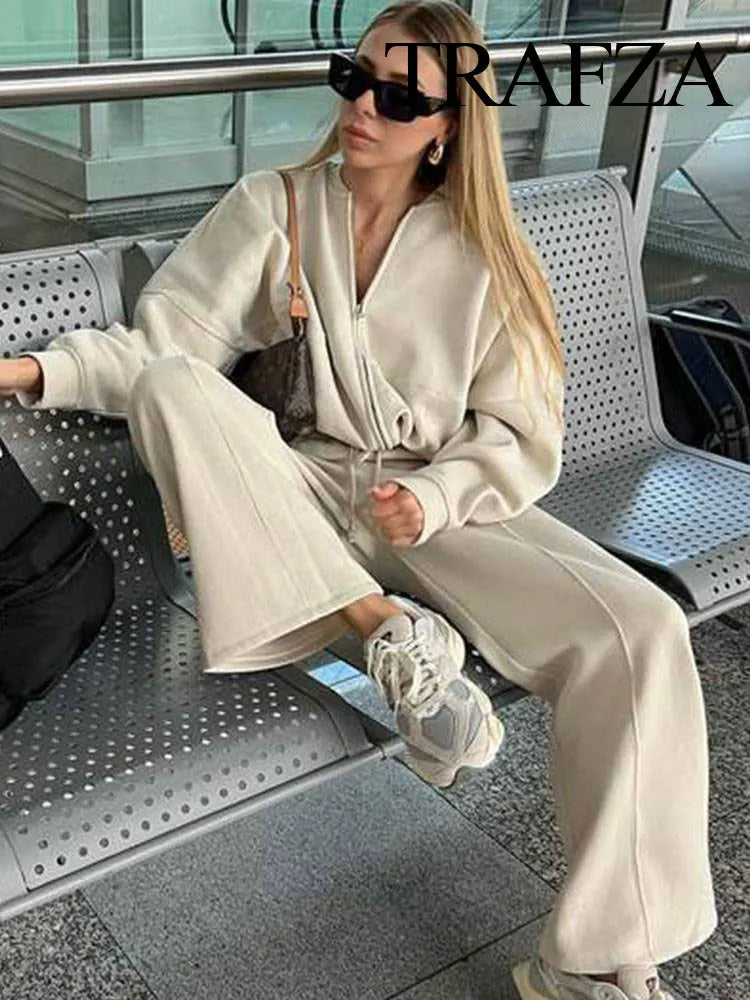 Ensemble Femme 2 Pièces – Bomber Zippé & Pantalon Large Taille Haute