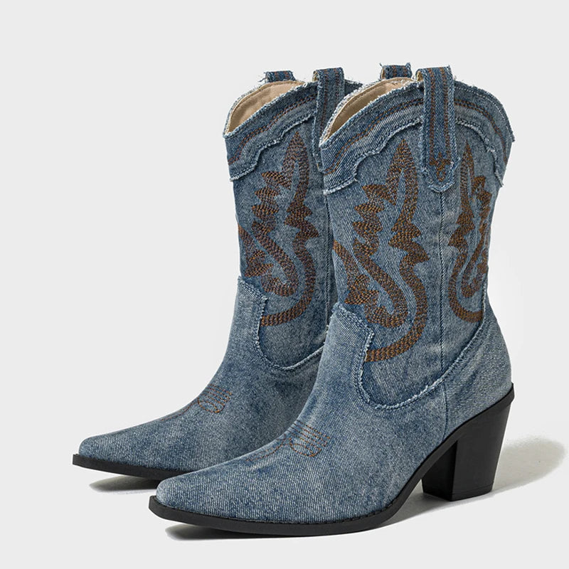 🤠 LS SHOP – Bottes Femme 2025 ✨ Style Western Vintage, Talons & Broderies Denim 👢