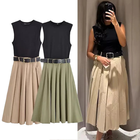 Robe Longue Femme LS SHOP – Patchwork Plissé, Sans Manches, Ceinturée, Chic et Élégante