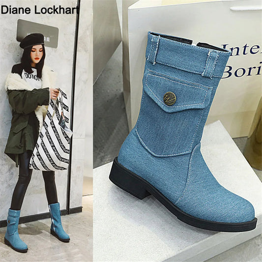 🥿 LS SHOP – Bottes Femme 2025 🤍 Denim Mi-mollet, Talons Plats & Zip Chic 👢