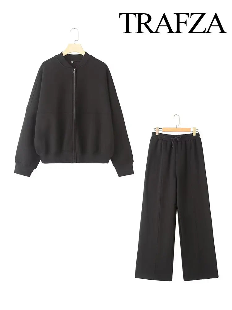 Ensemble Femme 2 Pièces – Bomber Zippé & Pantalon Large Taille Haute
