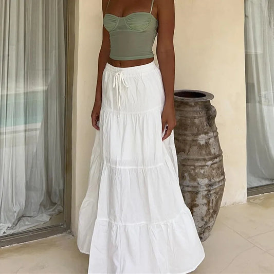 Jupe Longue Bohème Femme – Taille Haute Élastique, Plissée et Fluide, Style Y2K