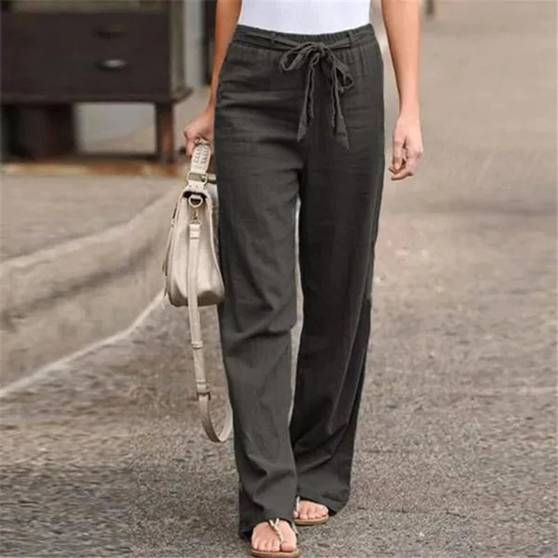 Pantalon femme 2025 en coton et lin, style été, taille élastique, coupe droite ample, couleur unie, longueur cheville, décontracté.