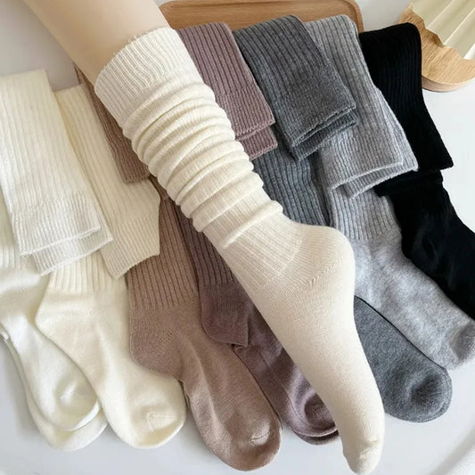 Chaussettes en laine pour mollets – Automne/Hiver, épaisses, couleur café, style superposé, longueur genou, double couture pour femmes