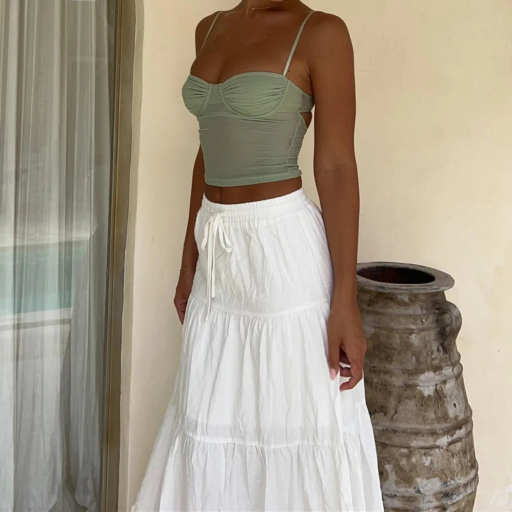 Jupe Longue Bohème Femme – Taille Haute Élastique, Plissée et Fluide, Style Y2K