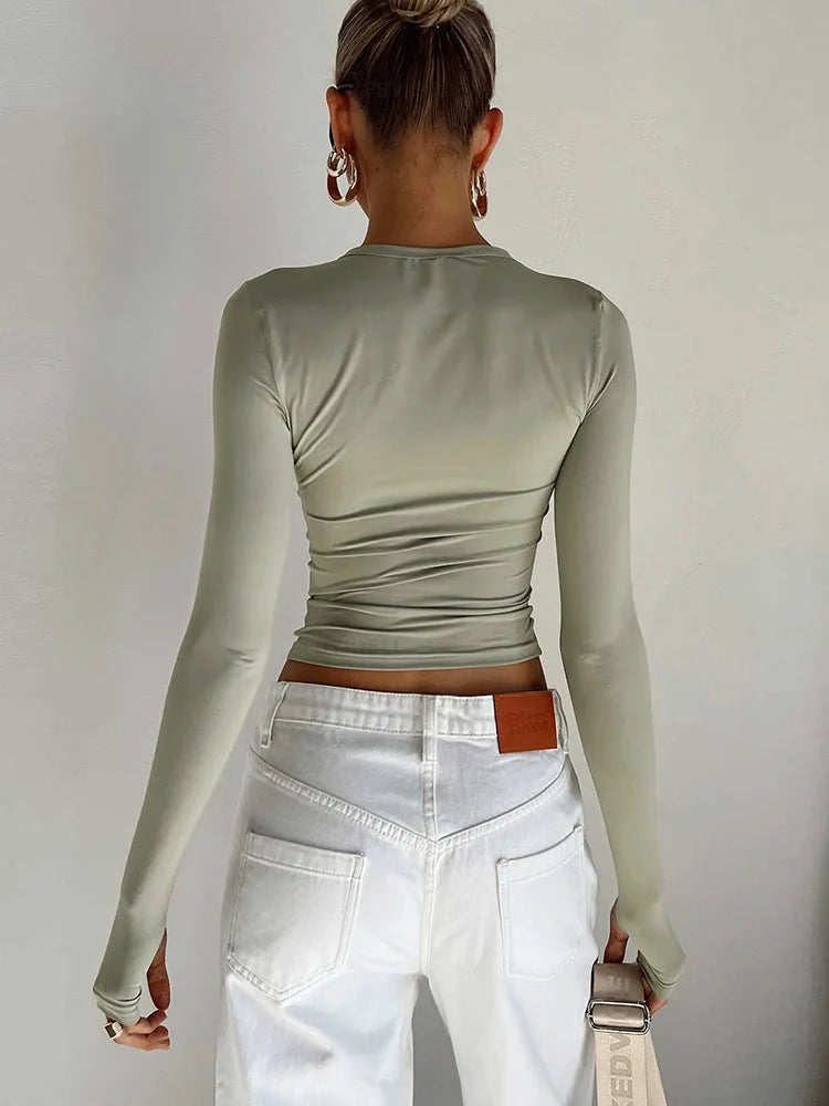 "T-shirt femme manches longues – slim fit, col rond, crop top uni, avec trous pour les pouces, streetwear, été" ✅