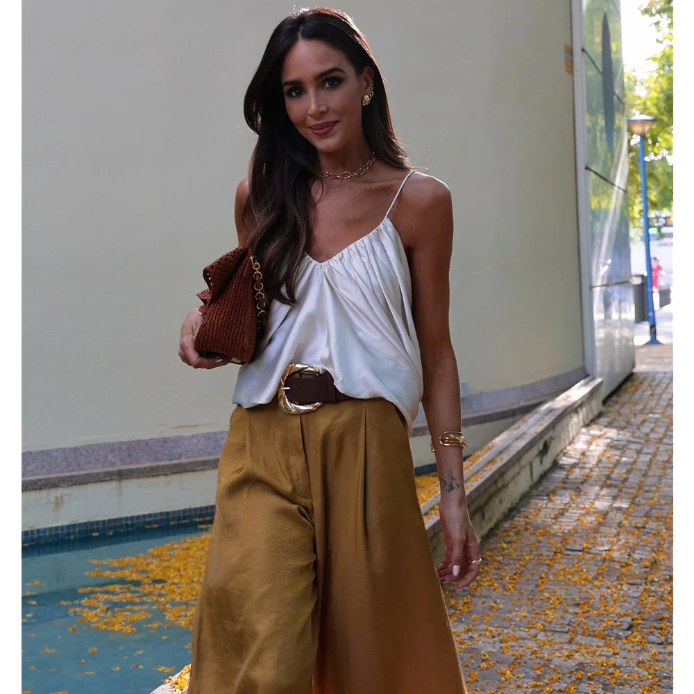 Pantalon Large Femme LS SHOP – Satin Texturé, Ceinturé, Élégant et Casual