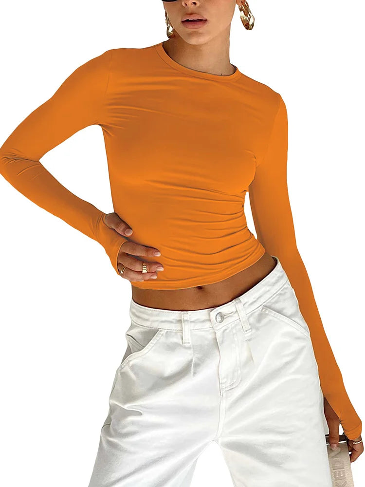 "T-shirt femme manches longues – slim fit, col rond, crop top uni, avec trous pour les pouces, streetwear, été" ✅