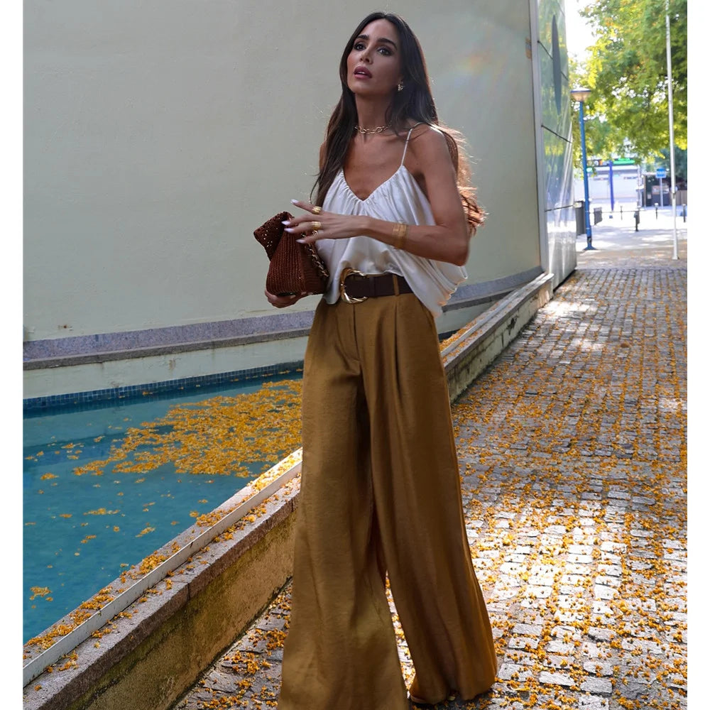 Pantalon Large Femme LS SHOP – Satin Texturé, Ceinturé, Élégant et Casual