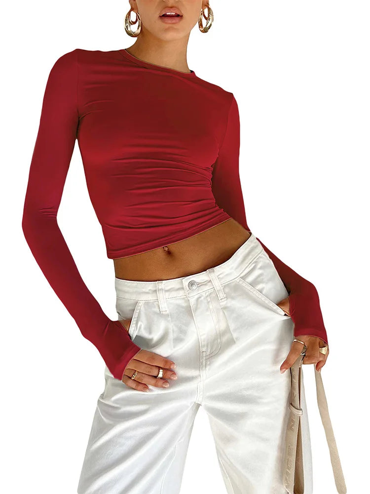 "T-shirt femme manches longues – slim fit, col rond, crop top uni, avec trous pour les pouces, streetwear, été" ✅