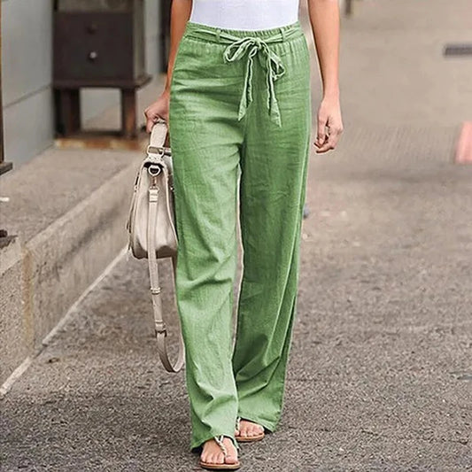 Pantalon femme 2025 en coton et lin, style été, taille élastique, coupe droite ample, couleur unie, longueur cheville, décontracté.