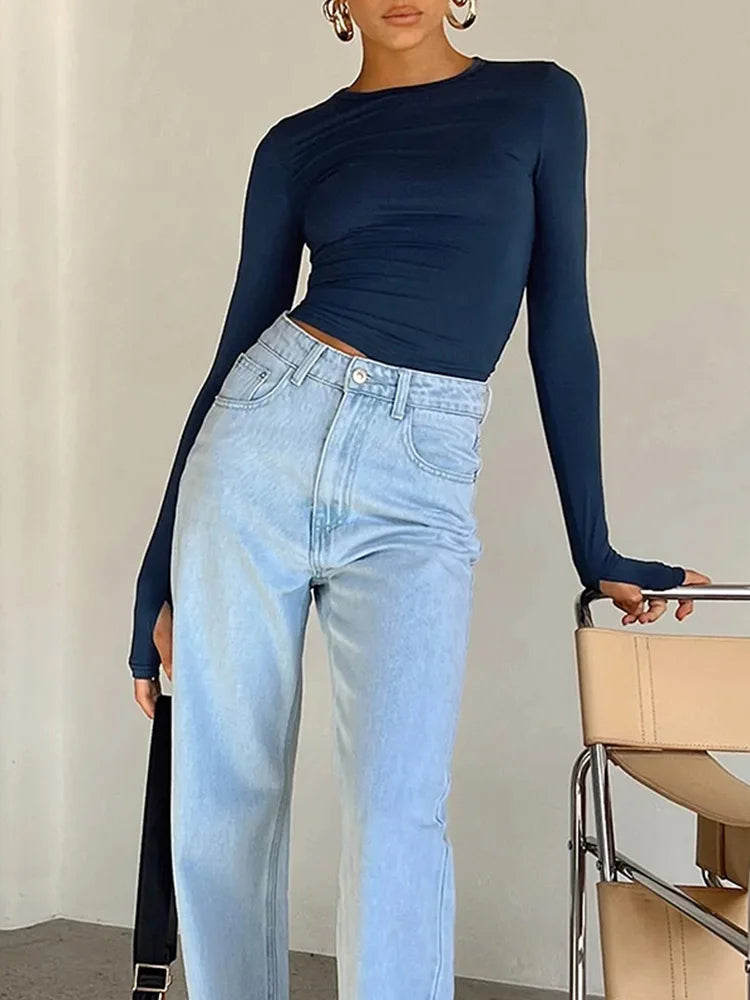 "T-shirt femme manches longues – slim fit, col rond, crop top uni, avec trous pour les pouces, streetwear, été" ✅