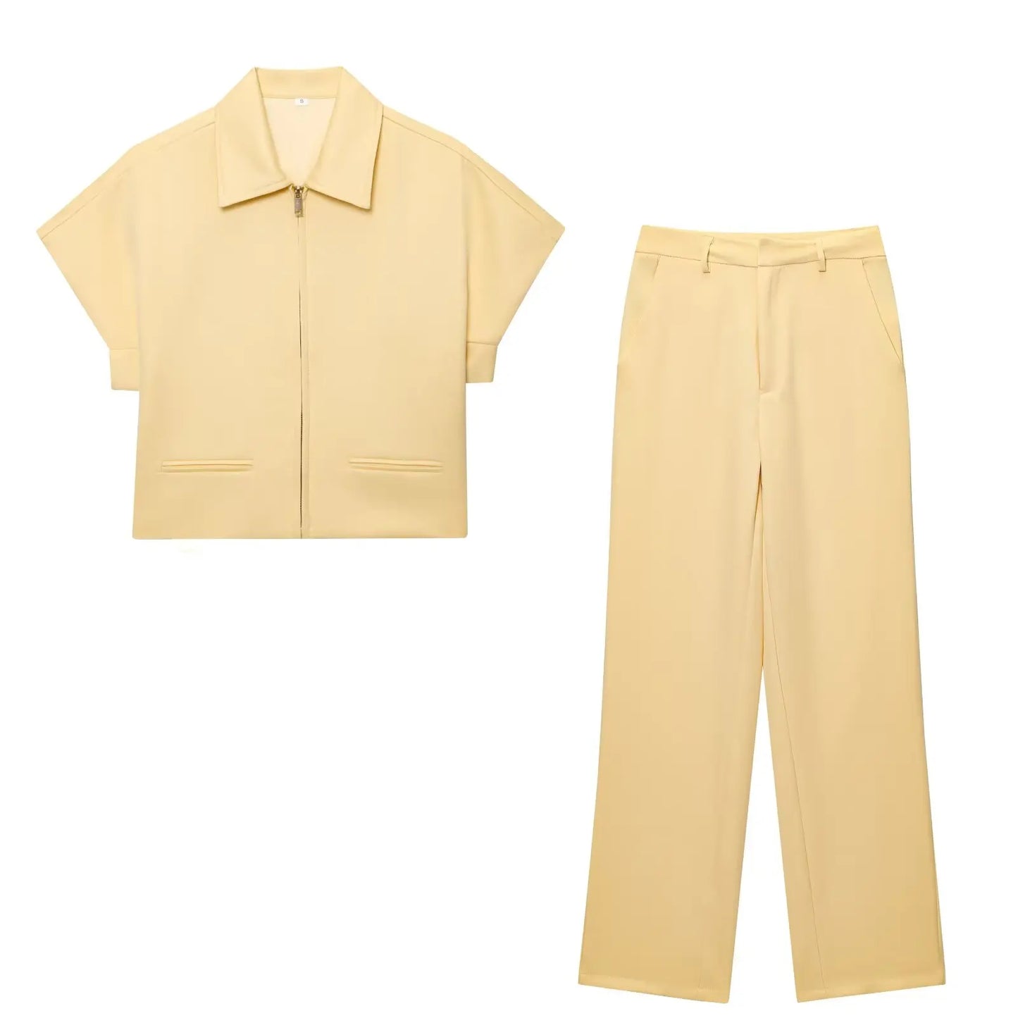 LS SHOP – Ensemble Femme  2025 : Veste Courte Slim à Col Revers + Pantalon Large – Deux Pièces Noir Décontracté