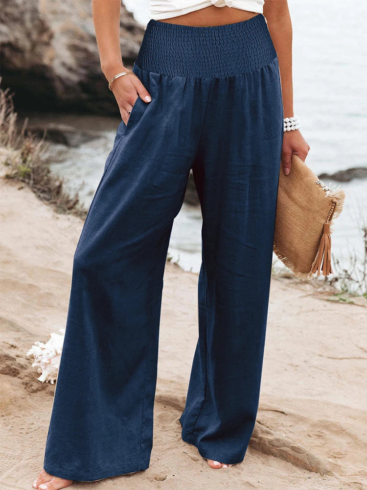 Pantalon grande taille taille haute à jambes larges en coton et lin pour femme, élastique, style rétro, mode décontractée, printemps-été.