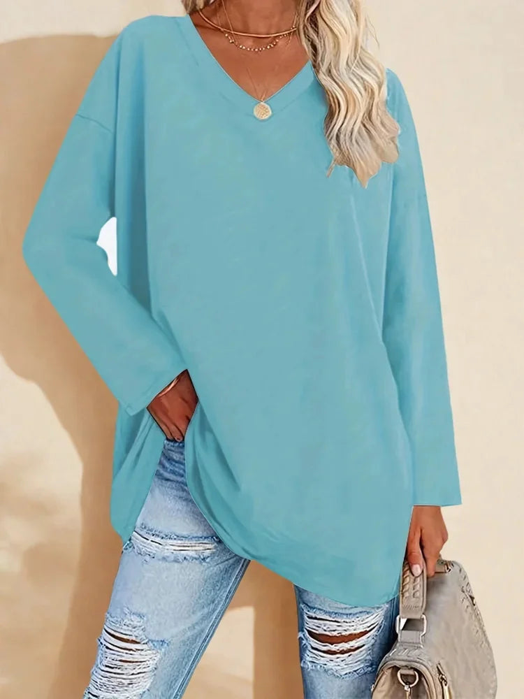 "Top femme manches longues – loose, col V, coton, taille cintrée, mode européenne, printemps-été 2025" ✅