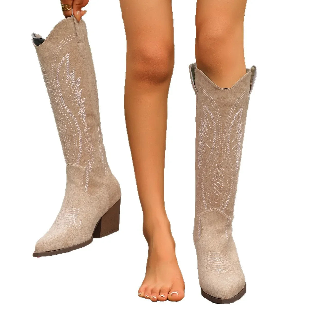 ✨ Bottes Longues Femme – Talon Épais & Bout Pointu Brodé