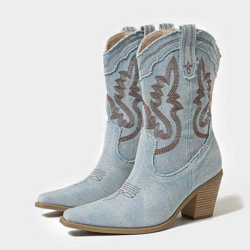 🤠 LS SHOP – Bottes Femme 2025 ✨ Style Western Vintage, Talons & Broderies Denim 👢