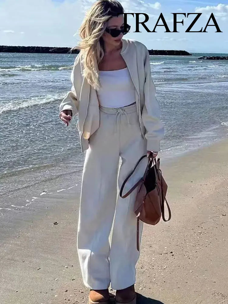 Ensemble Femme 2 Pièces – Bomber Zippé & Pantalon Large Taille Haute