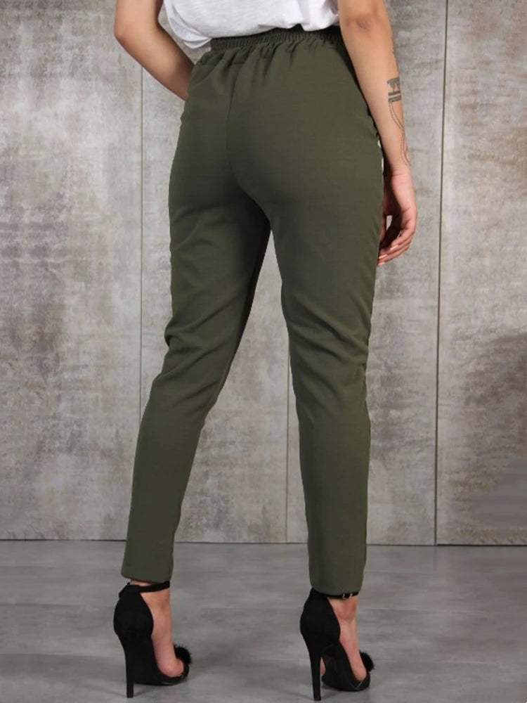 Pantalon femme BornToGirl, coupe slim en chiffon léger, parfait pour le printemps, l’été et l’automne. Taille haute, disponible en noir, kaki et vert, pour un style décontracté et élégant.