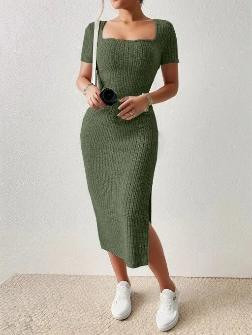 ☀️ Robe Mi-Longue à Fente – Chic & Confortable