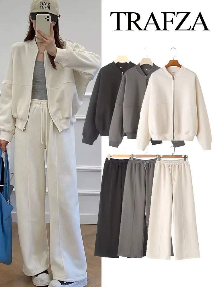 Ensemble Femme 2 Pièces – Bomber Zippé & Pantalon Large Taille Haute