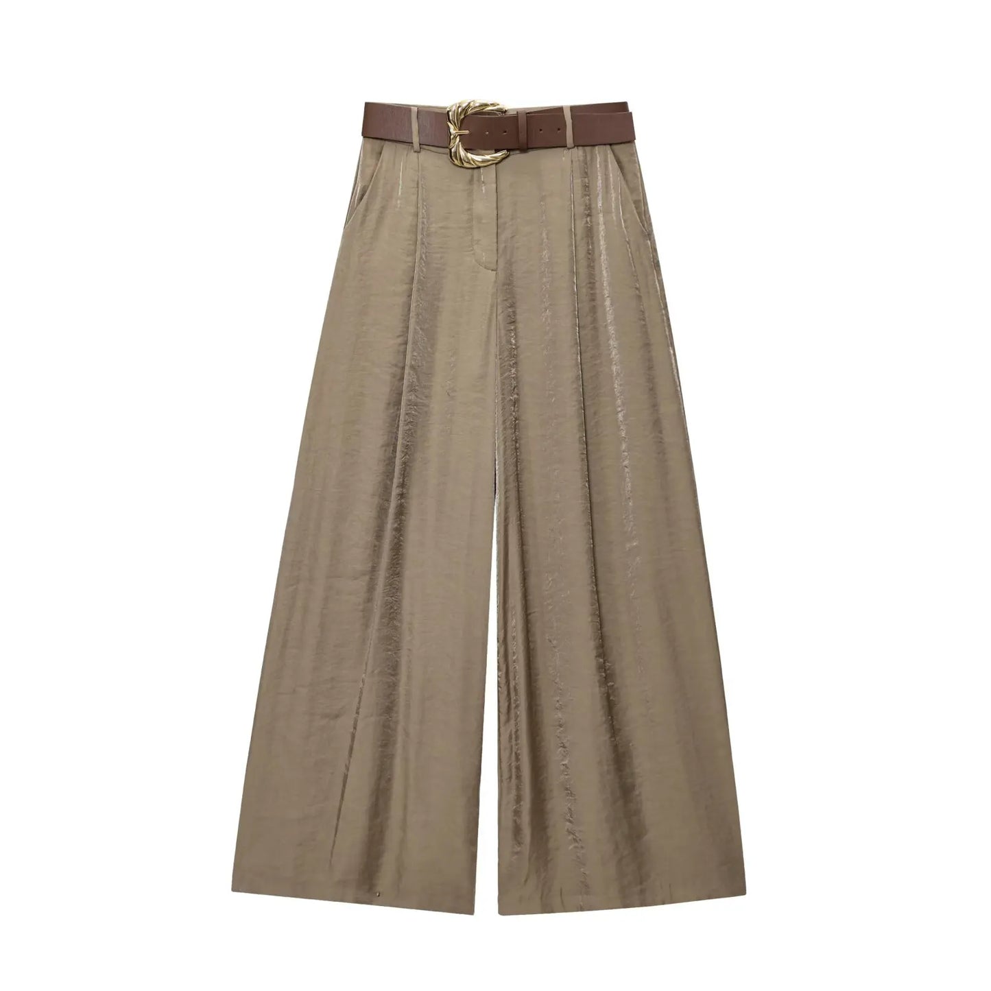 Pantalon Large Femme LS SHOP – Satin Texturé, Ceinturé, Élégant et Casual