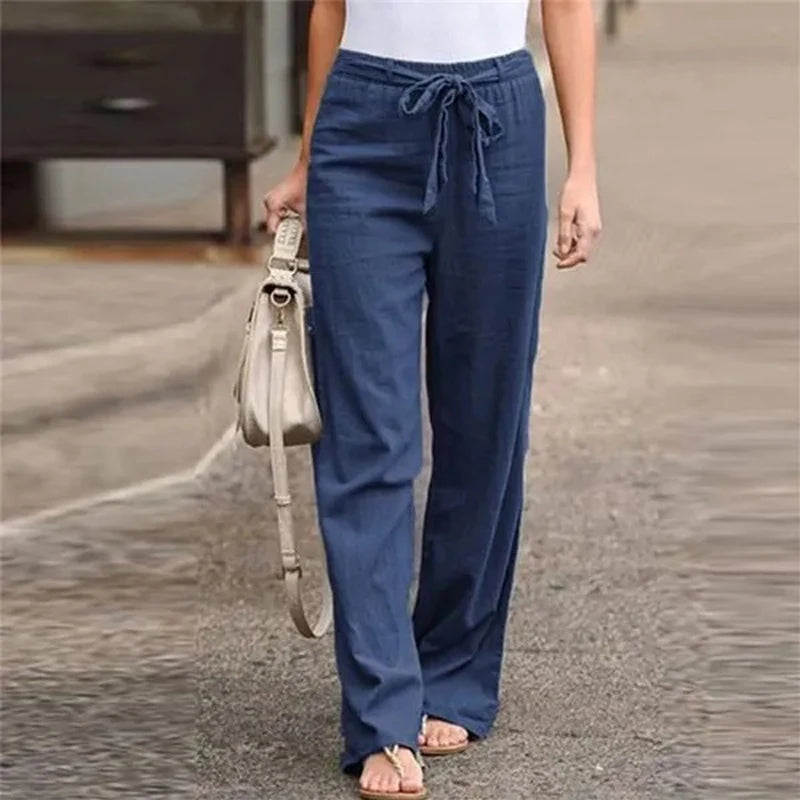 Pantalon femme 2025 en coton et lin, style été, taille élastique, coupe droite ample, couleur unie, longueur cheville, décontracté.