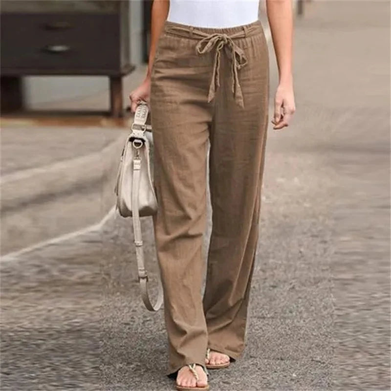 Pantalon femme 2025 en coton et lin, style été, taille élastique, coupe droite ample, couleur unie, longueur cheville, décontracté.