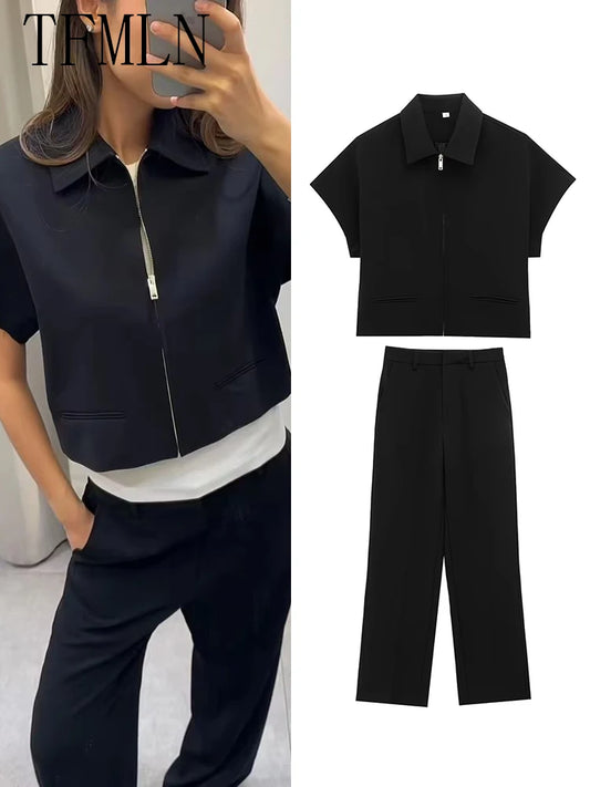 LS SHOP – Ensemble Femme  2025 : Veste Courte Slim à Col Revers + Pantalon Large – Deux Pièces Noir Décontracté
