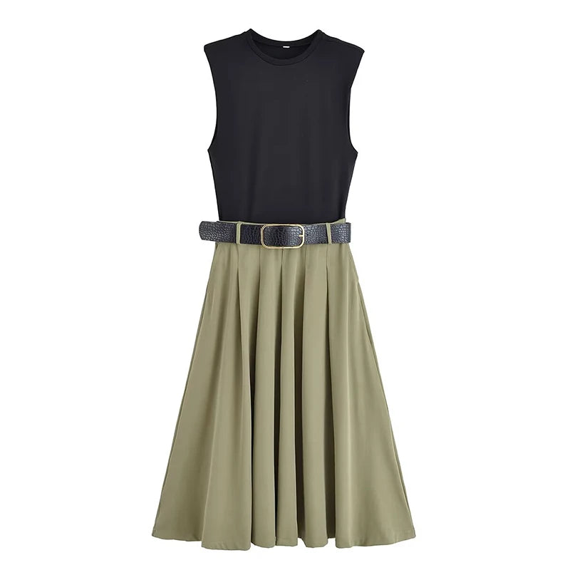 Robe Longue Femme LS SHOP – Patchwork Plissé, Sans Manches, Ceinturée, Chic et Élégante