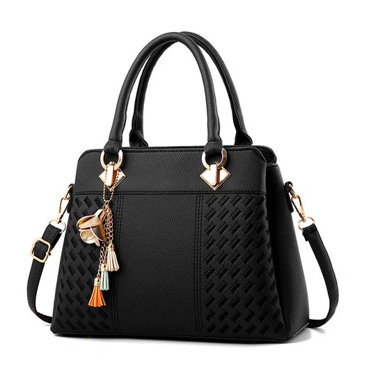 Sac à Main pour Femmes – Tote en PU Cuir avec Pompon et Broderie, Sac à Poignée, Bandoulière et Crossbody, Style Simple et Élégant