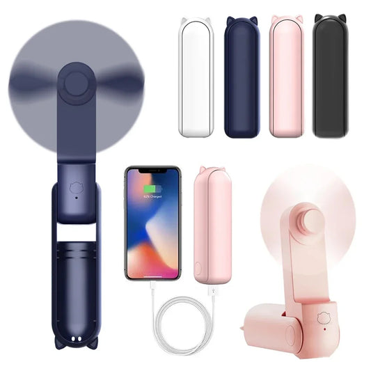 Mini Ventilateur de Poche Portable – USB Rechargeable & Pliable, avec Batterie Power Bank – Ventilateur de Voyage, Bureau & Extérieur
