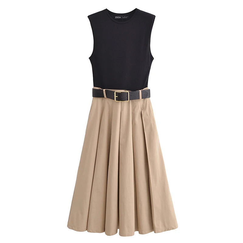 Robe Longue Femme LS SHOP – Patchwork Plissé, Sans Manches, Ceinturée, Chic et Élégante