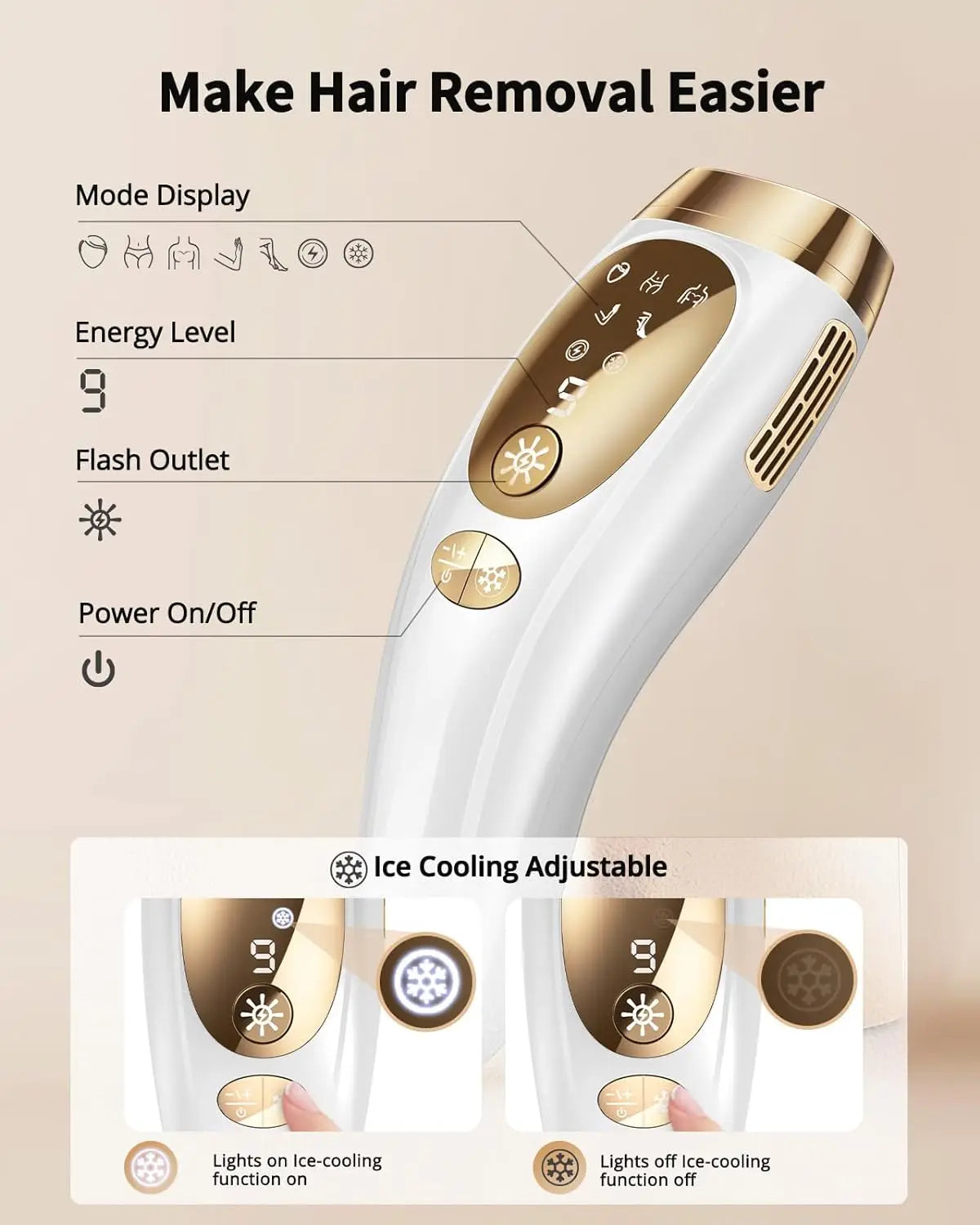 Épilateur à Lumière Pulsée IPL – 9 Niveaux, Flash Illimité, Refroidissement Ice-Cooling, Résultats Durables