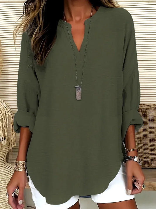 "T-shirt femme grande taille – manches longues, loose, col montant, col V, polyester, casual et fashion 2025" ✅