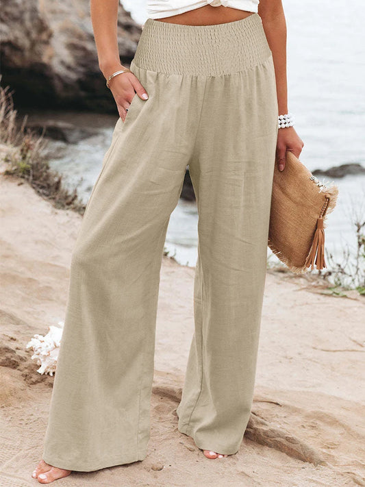 Pantalon grande taille taille haute à jambes larges en coton et lin pour femme, élastique, style rétro, mode décontractée, printemps-été.