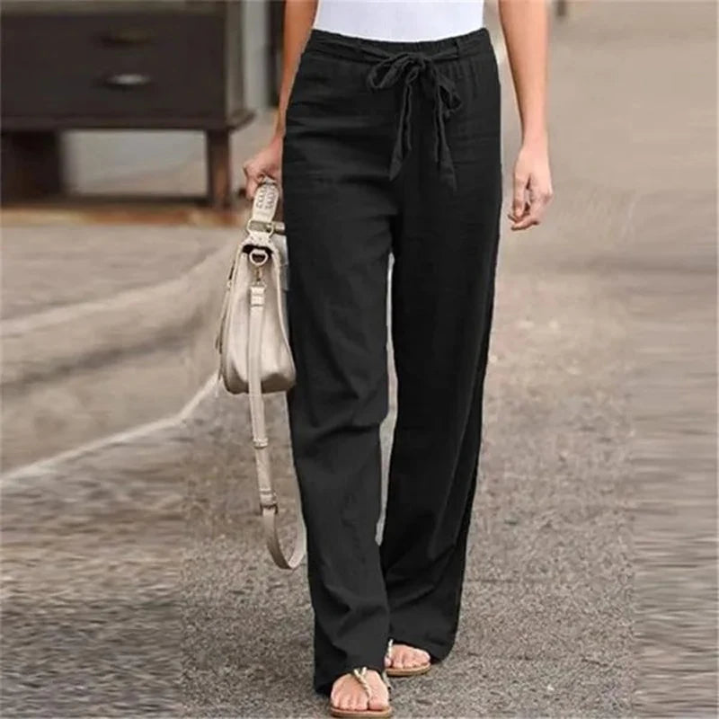 Pantalon femme 2025 en coton et lin, style été, taille élastique, coupe droite ample, couleur unie, longueur cheville, décontracté.