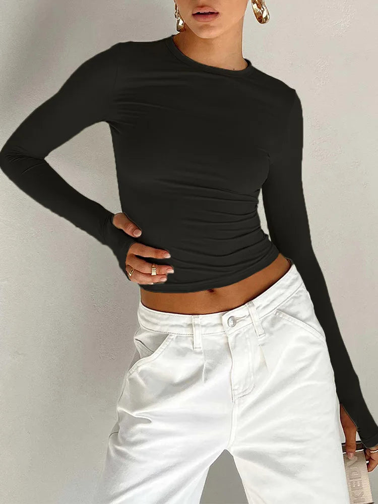 "T-shirt femme manches longues – slim fit, col rond, crop top uni, avec trous pour les pouces, streetwear, été" ✅