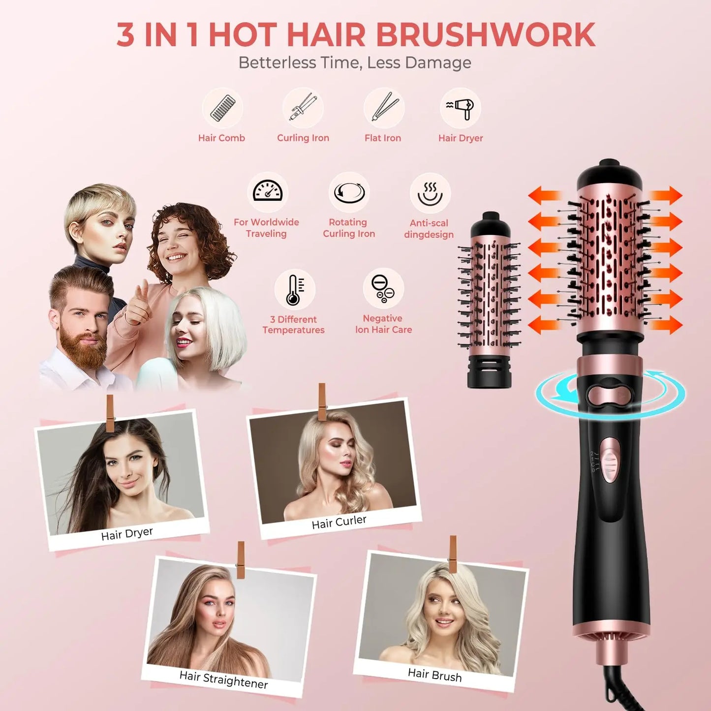 Brosse Sèche-Cheveux 3-en-1 Rotative – Séchage, Volume & Boucles en un seul geste | LS SHOP