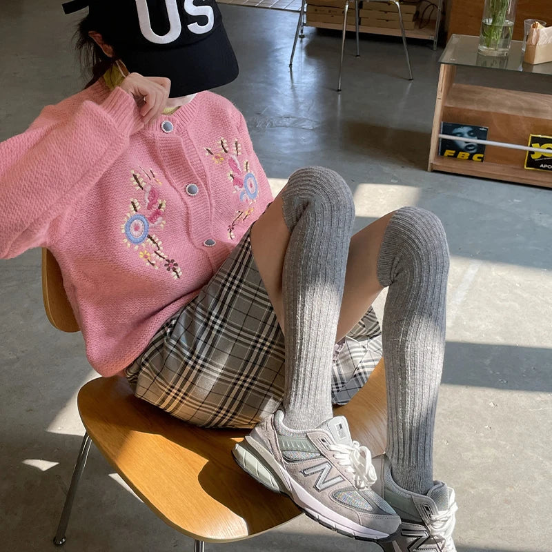 Chaussettes en laine pour mollets – Automne/Hiver, épaisses, couleur café, style superposé, longueur genou, double couture pour femmes