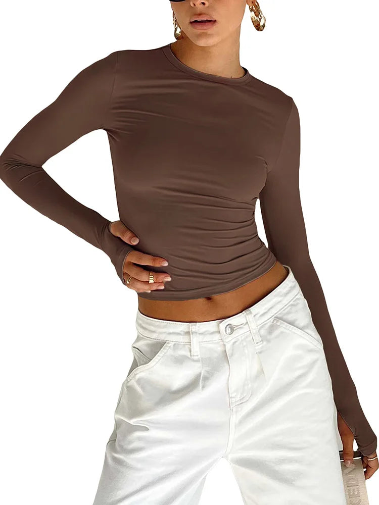 "T-shirt femme manches longues – slim fit, col rond, crop top uni, avec trous pour les pouces, streetwear, été" ✅