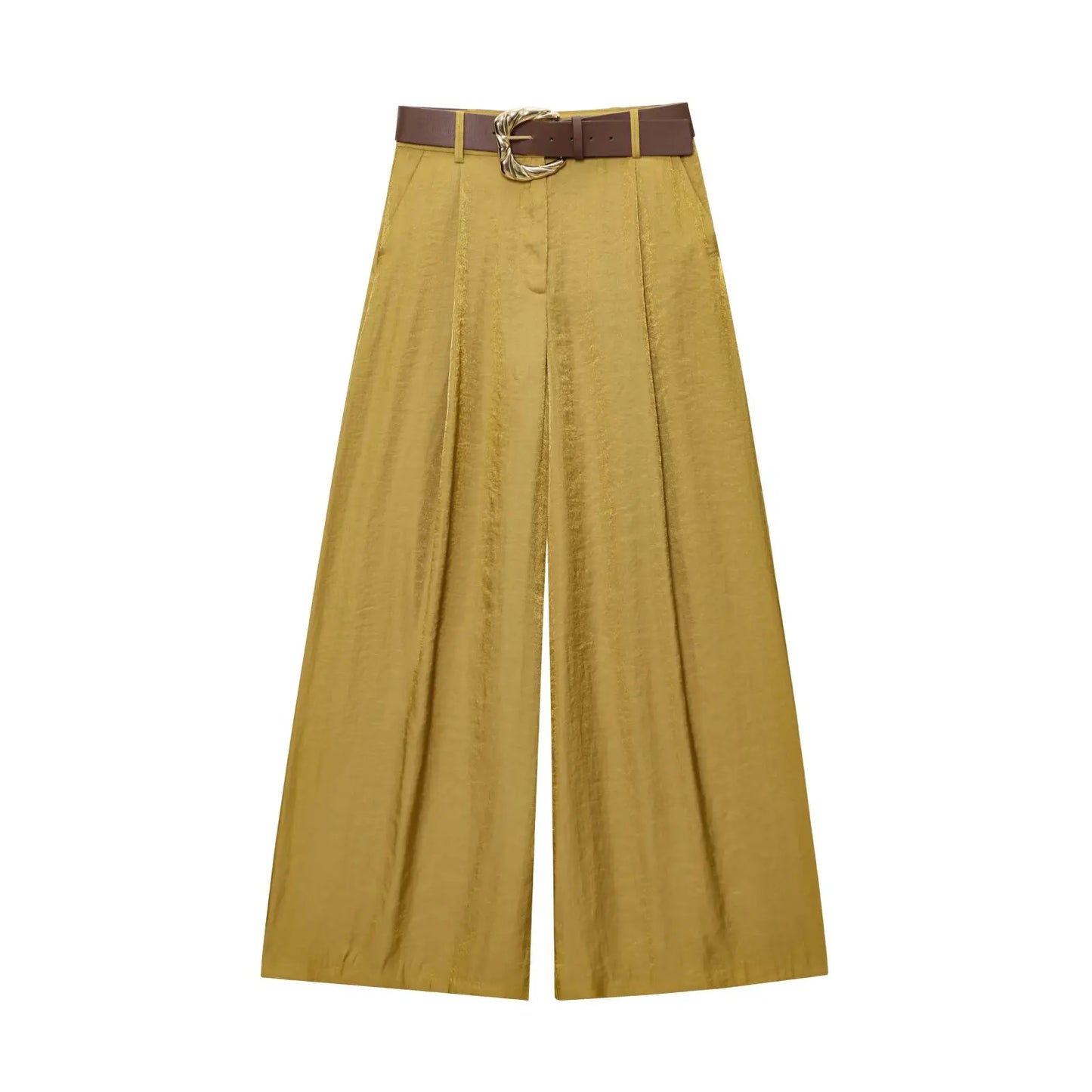 Pantalon Large Femme LS SHOP – Satin Texturé, Ceinturé, Élégant et Casual