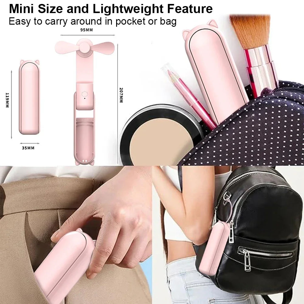 Mini Ventilateur de Poche Portable – USB Rechargeable & Pliable, avec Batterie Power Bank – Ventilateur de Voyage, Bureau & Extérieur