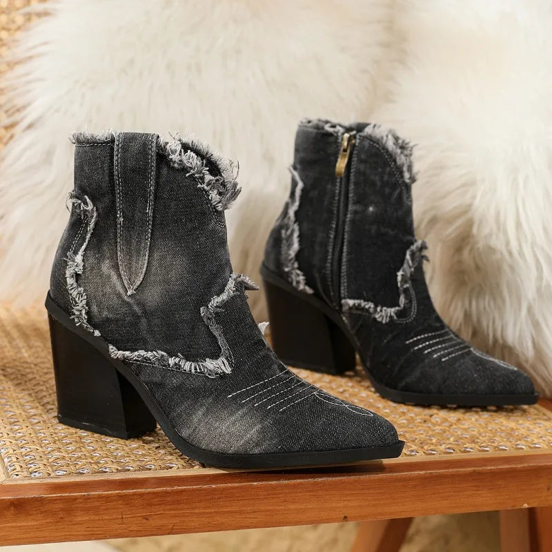 🤠 LS SHOP – Bottines Femme Denim 2025 ✨ Talons Carrés & Bout Pointu Western 👢