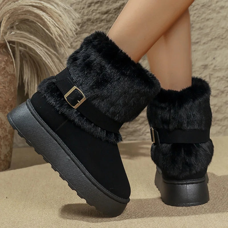 ❄️ LS Shop : Bottines Hiver Fluffy Confortables – Semelle Épaisse & Fourrure Douce 🖤✨