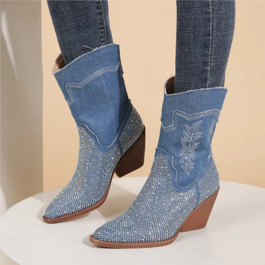 💎 LS SHOP – Bottines Femme 2025 ✨ Talons Moyens, Bout Pointu & Strass Bleu Denim 👢
