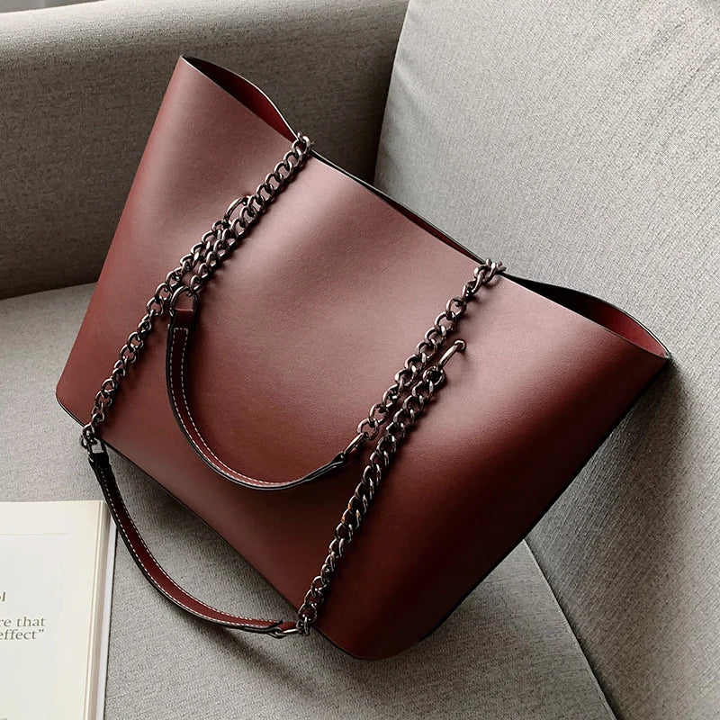 Sac à bandoulière en PU cuir style luxe pour femmes – Grand sac à main avec chaîne, grande capacité, idéal voyage et shopping