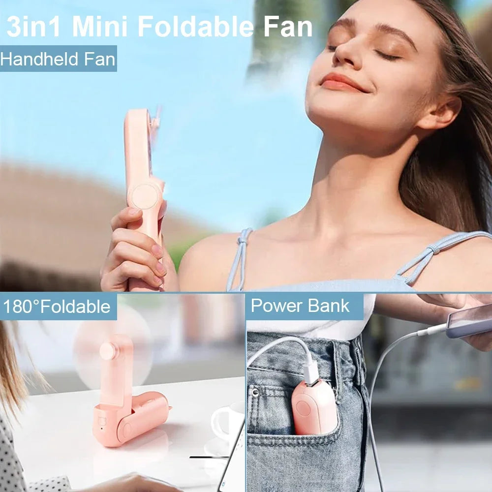 Mini Ventilateur de Poche Portable – USB Rechargeable & Pliable, avec Batterie Power Bank – Ventilateur de Voyage, Bureau & Extérieur