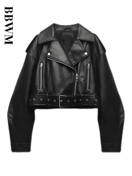 LS SHOP – Veste Courte Femme Vintage Oversize en Similicuir avec Ceinture – Style Biker Streetwear Retro