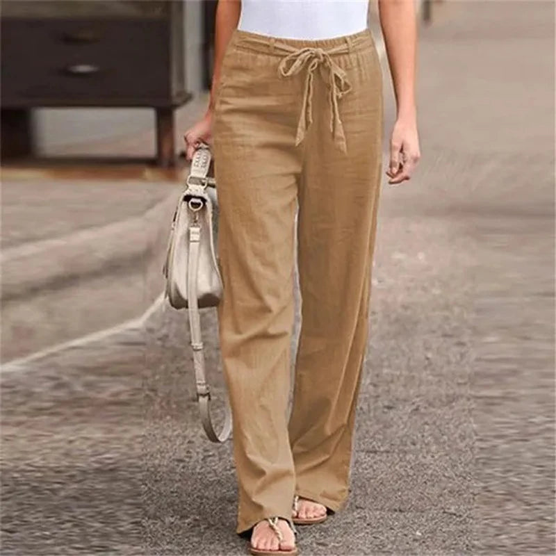 Pantalon femme 2025 en coton et lin, style été, taille élastique, coupe droite ample, couleur unie, longueur cheville, décontracté.